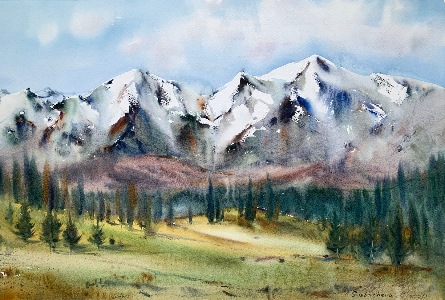 Mountain Landscape Painting Watercolor Original - Mountainscape #6 - 15 x 22 in