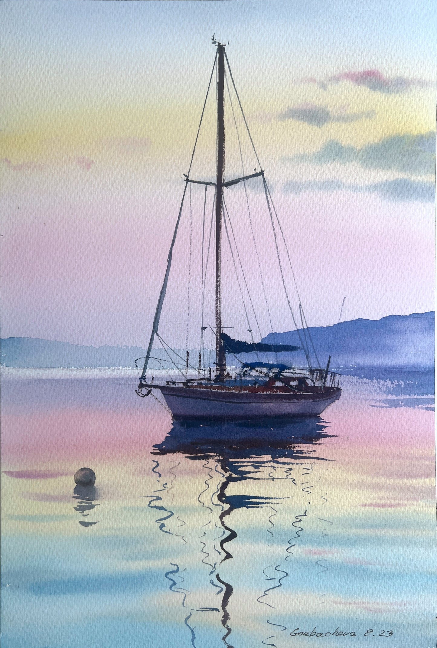Original Watercolor Small Painting - Yacht at sunset #5