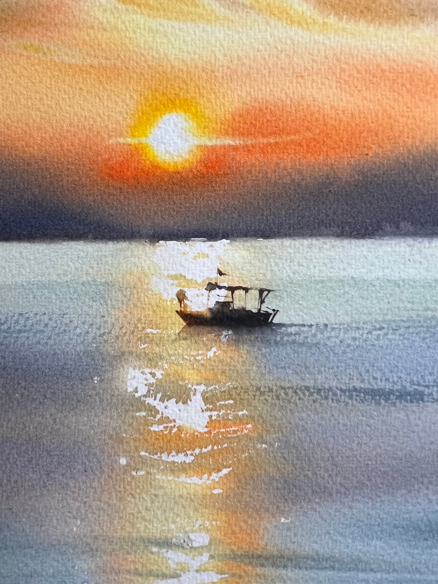 Watercolor Boat Painting Original, Sunset  Artwork, Seascape Art, Coastal Bedroom Wall Art, Gift for Sea Lover