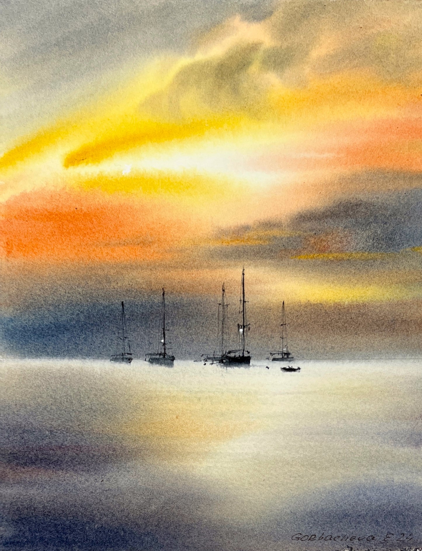 Sailboat Painting Original Watercolor, Seascape Coast Art - Yachts at sunset #12