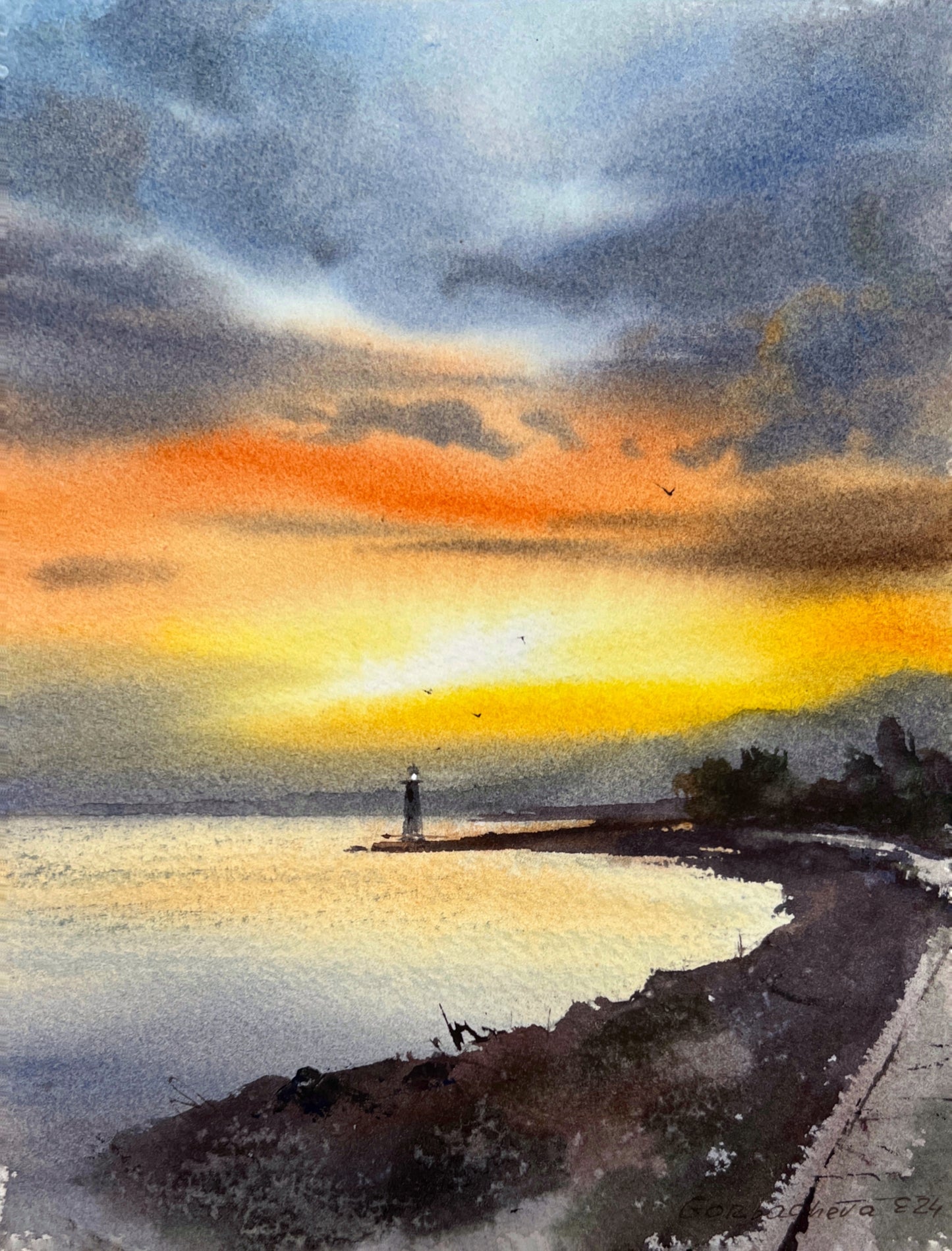 Lighthouse Watercolor Painting Original, Coastal Wall Art Decor - Sunset on the sea coast