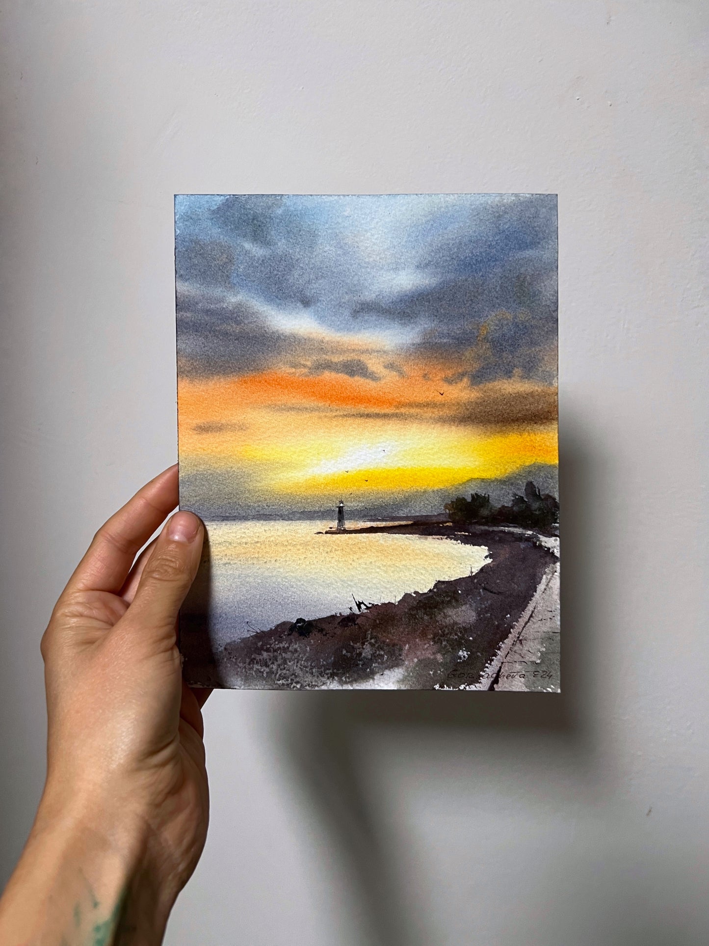 Lighthouse Watercolor Painting Original, Coastal Wall Art Decor - Sunset on the sea coast