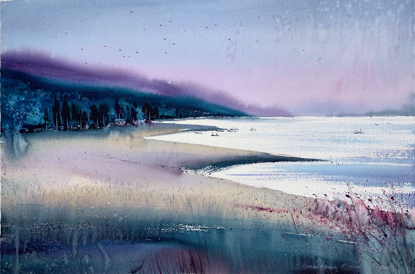 Original Watercolor Painting, Coastal Seascape at Twilight, Purple Bay 15x22 in