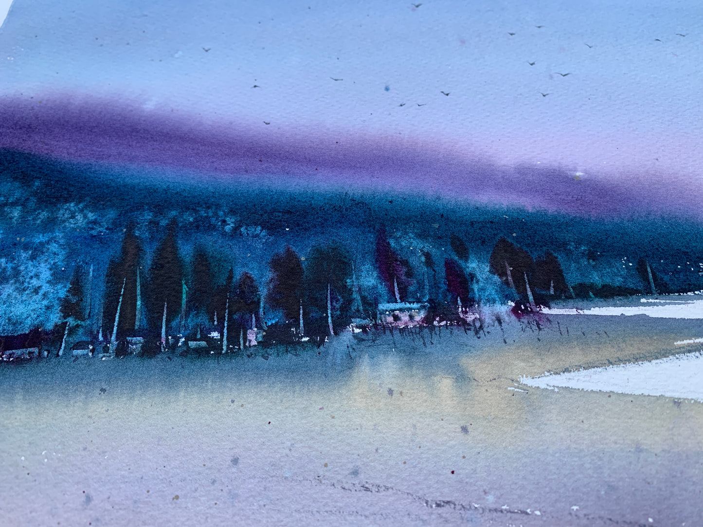 Original Watercolor Painting, Coastal Seascape at Twilight, Purple Bay 15x22 in