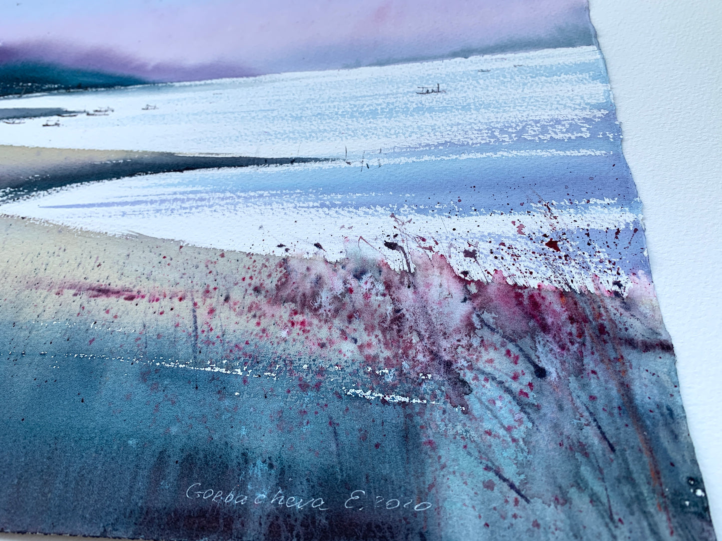 Original Watercolor Painting, Coastal Seascape at Twilight, Purple Bay 15x22 in