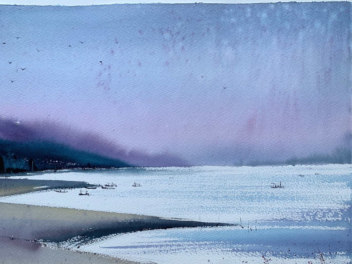 Original Watercolor Painting, Coastal Seascape at Twilight, Purple Bay 15x22 in