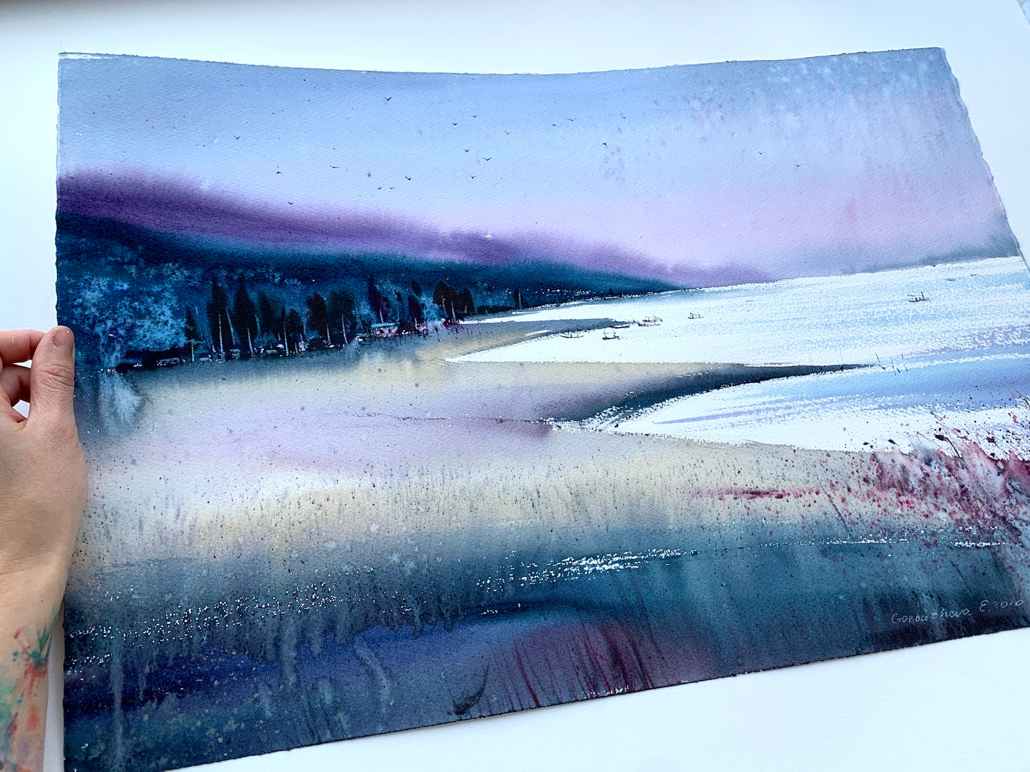 Original Coastal Painting Watercolor - Purple bay - 15x22 in