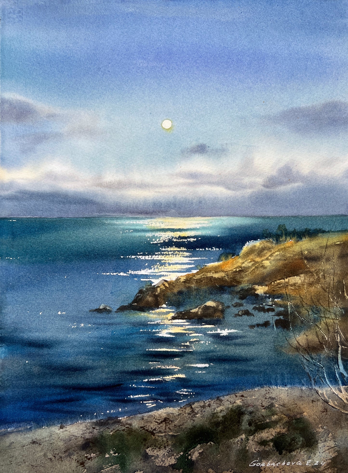 Coastal Painting Original, Watercolor Artwork - Full moon #3