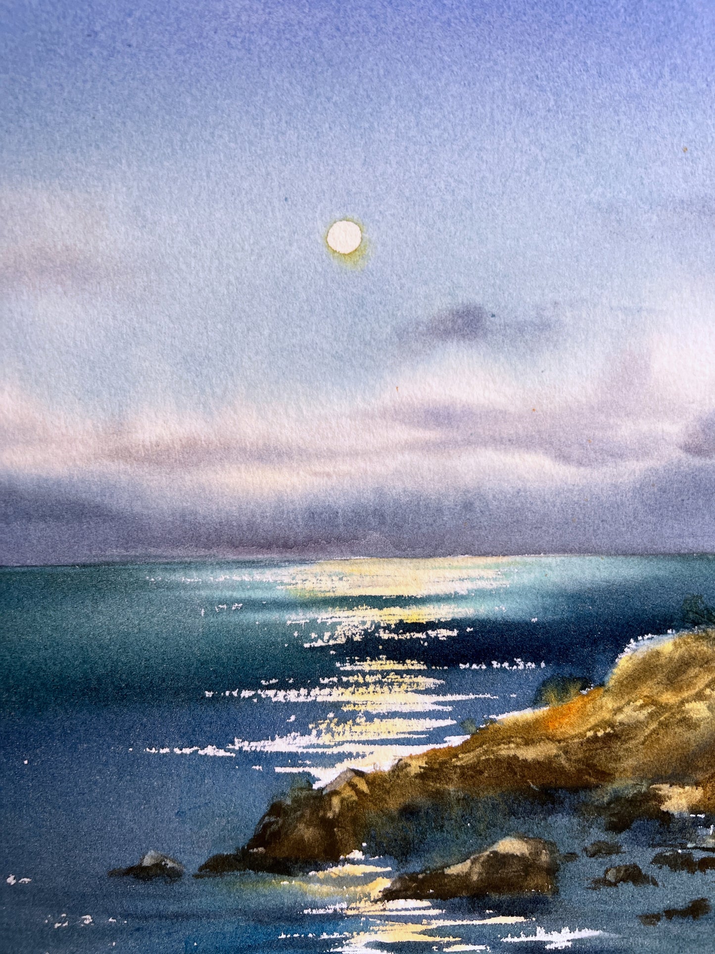 Coastal Painting Original, Watercolor Artwork - Full moon #3