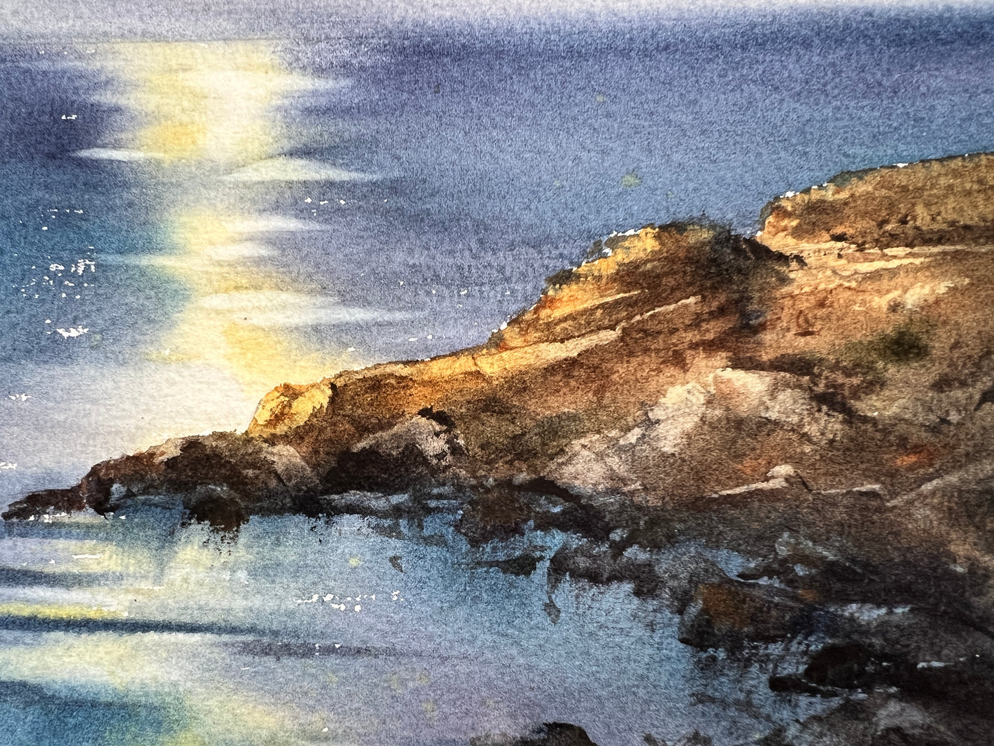 "Full Moon #4" Original Watercolor, Night Sea Art for Nautical Decor Enthusiasts, Hand-Painted Seascape, Maritime Collector Gift