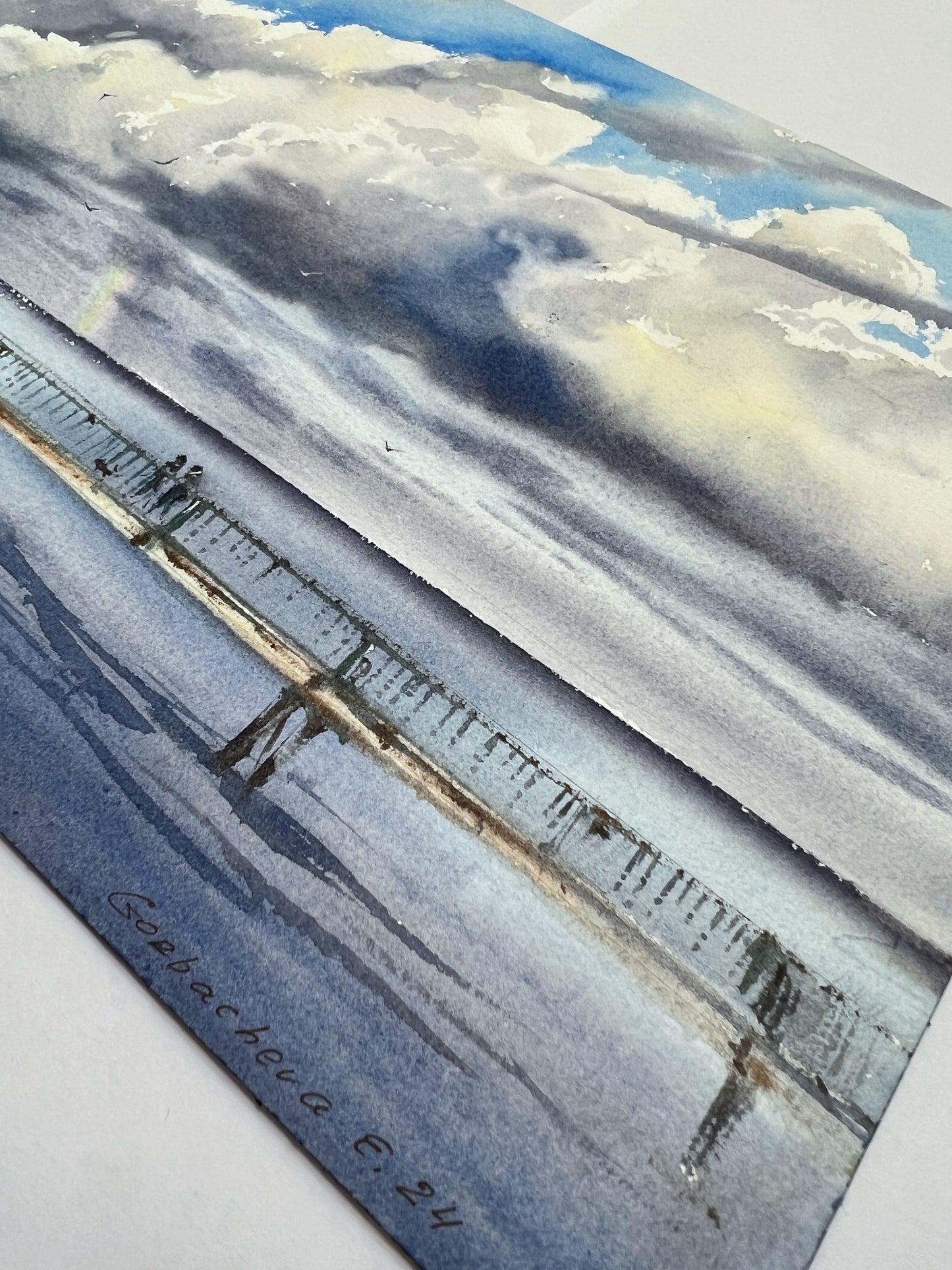 Original Watercolor Nautical Painting - Walk along the sea bridge
