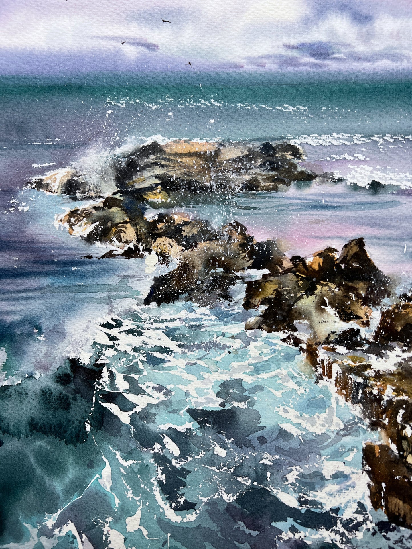 Original Watercolor Landscape of Cliffs - Waves and rocks #19