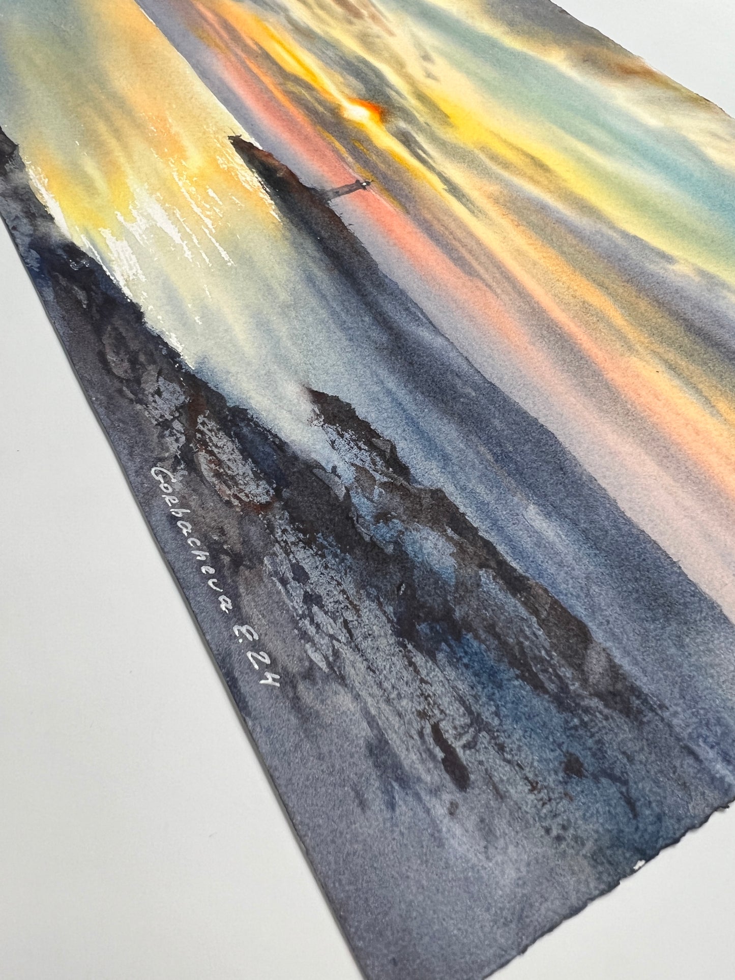 Coastal Lighthouse Painting Watercolour Original, Seascape Sunrise Art - Lighthouse at sunset