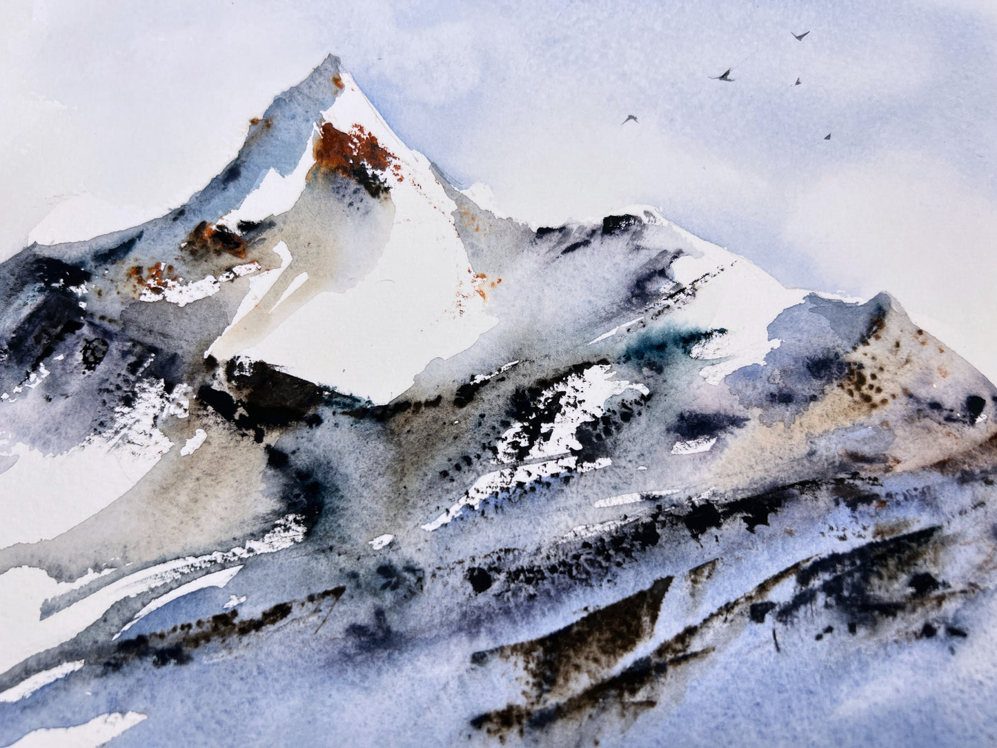 Modern Mountain Watercolor Painting 'Mountainscape #27' 8x12 in - Snowy Peaks & Blue Sky
