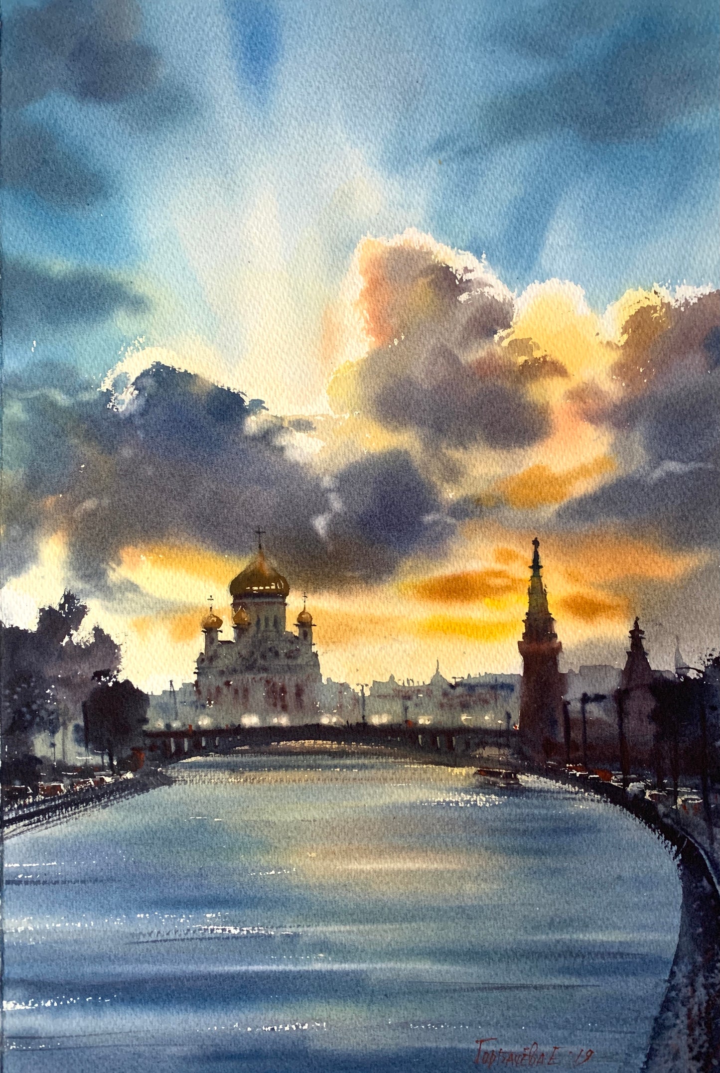 Cityscape Painting Original Watercolor - Sunset over Moscow #2 - 15 x 22 in