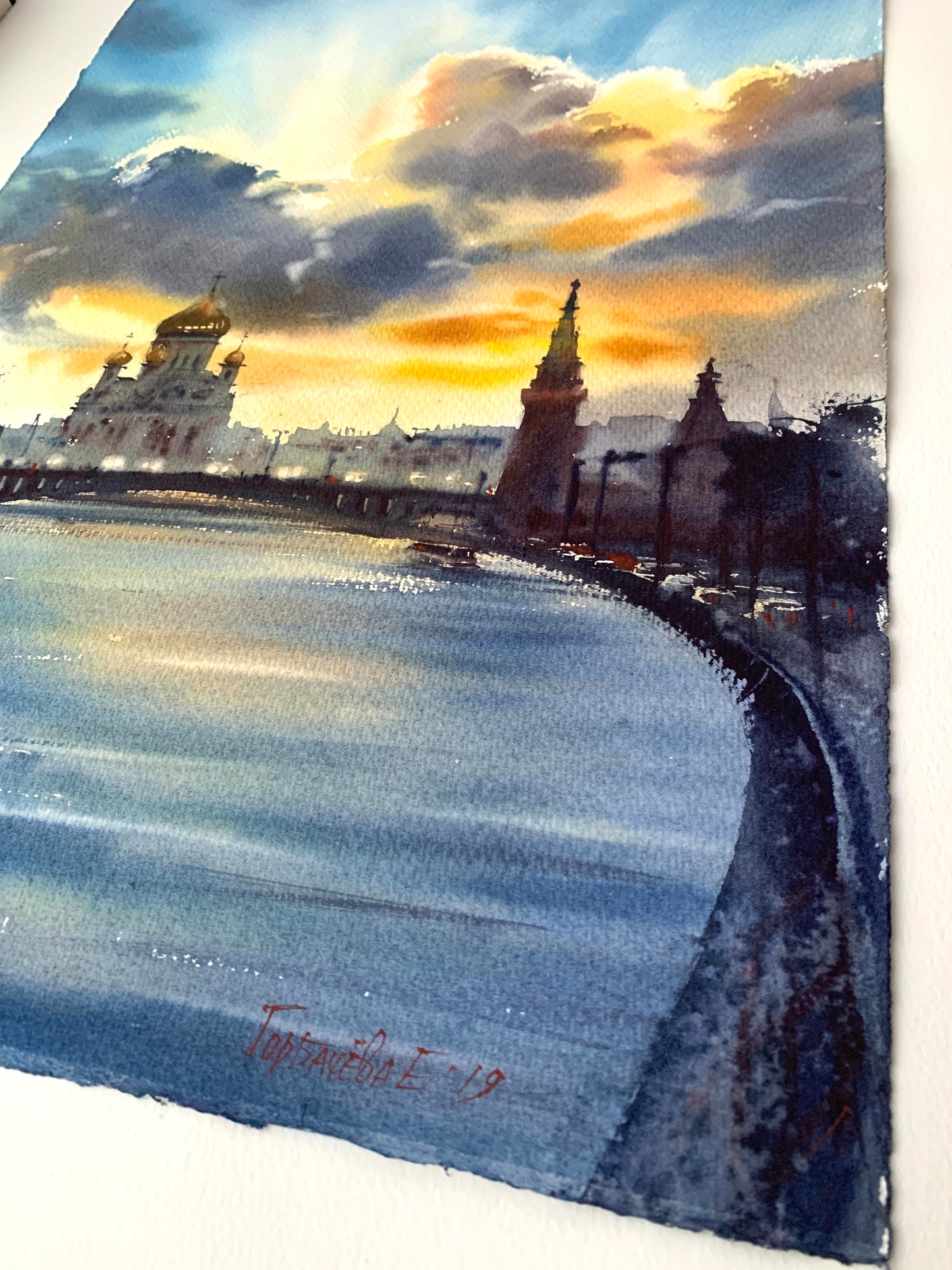 Cityscape Painting Original Watercolor - Sunset over Moscow #2 - 15 x 22 in