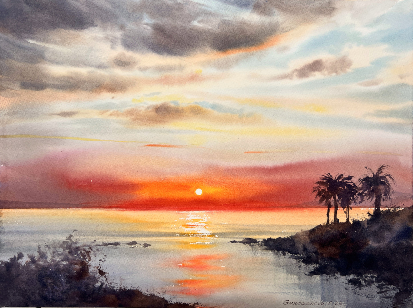 Palm Sunset Painting, Original Hawaii Artwork, California Beach Art, Watercolor Coastal Seascape, Gift