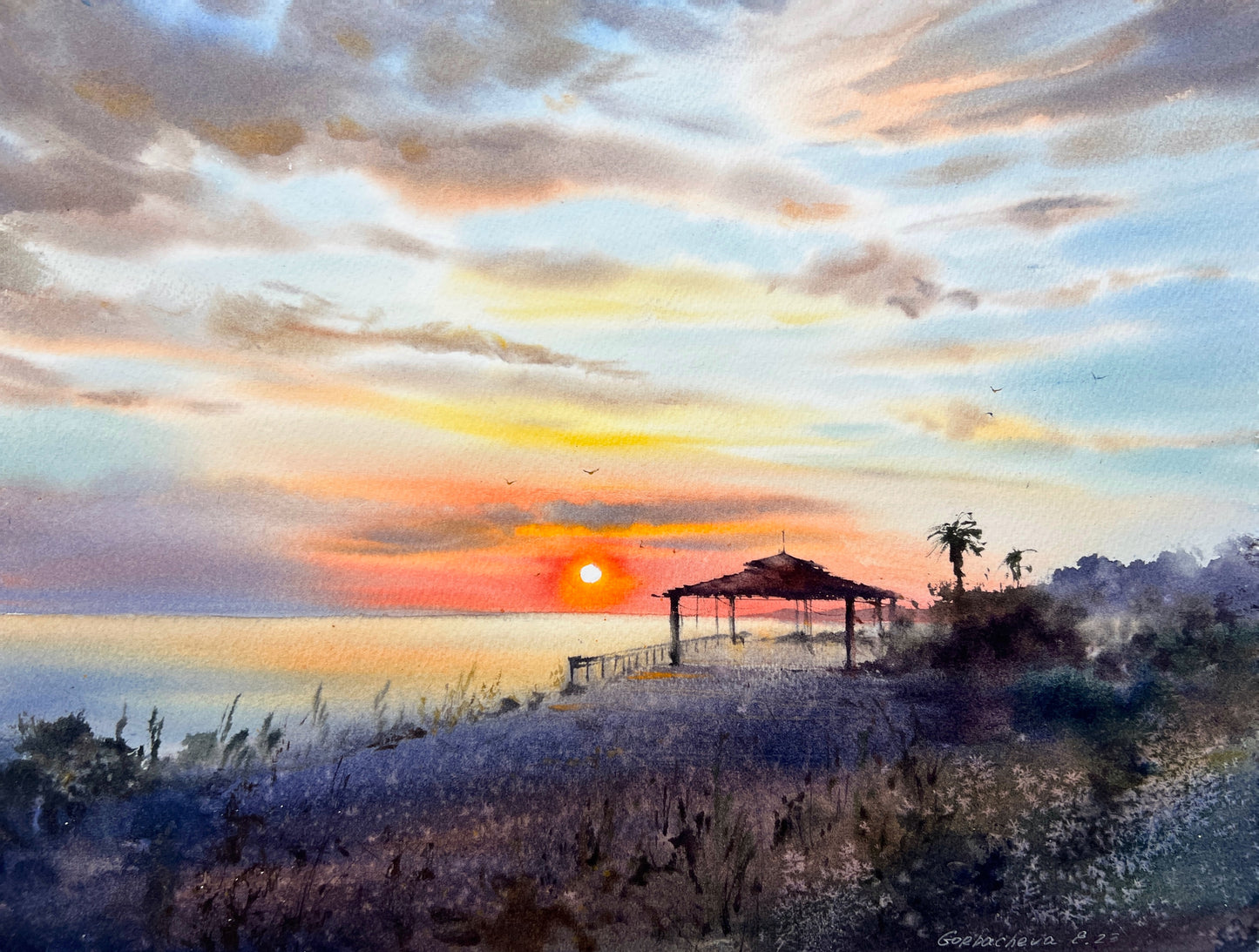 Palm Beach Painting, Watercolor Original Artwork, Hawaii Sunset, California Beach Art, Coastal Seascape