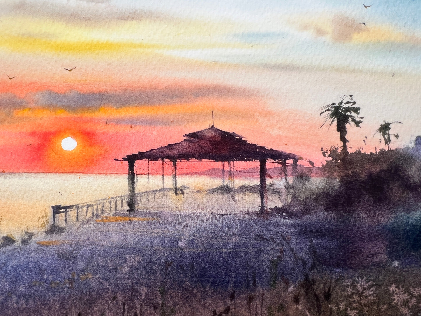 Palm Beach Painting, Watercolor Original Artwork, Hawaii Sunset, California Beach Art, Coastal Seascape