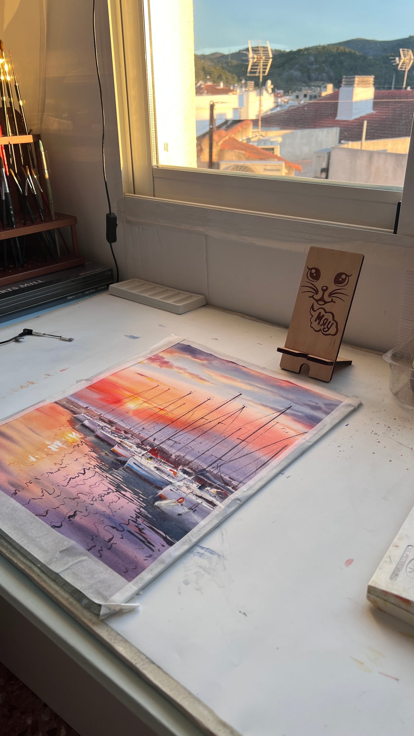 Spain Gandia Port Sunset Watercolor, Sailboats Marina Painting, Dream Haven. Spain 12x16