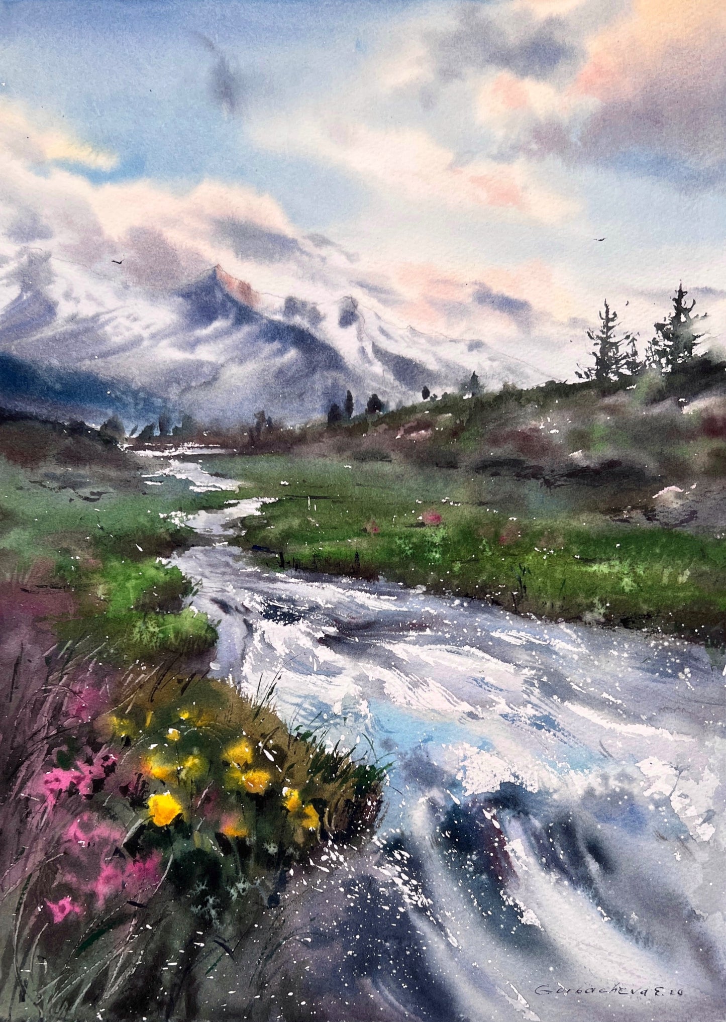 Original Watercolor Landscape, Mountain Stream Watercolor Painting, Mountain river #44 11x16