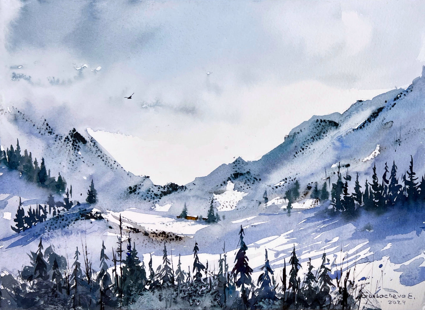 Mountainscape #28 - Abstract Watercolor Snowy Peaks and Forest