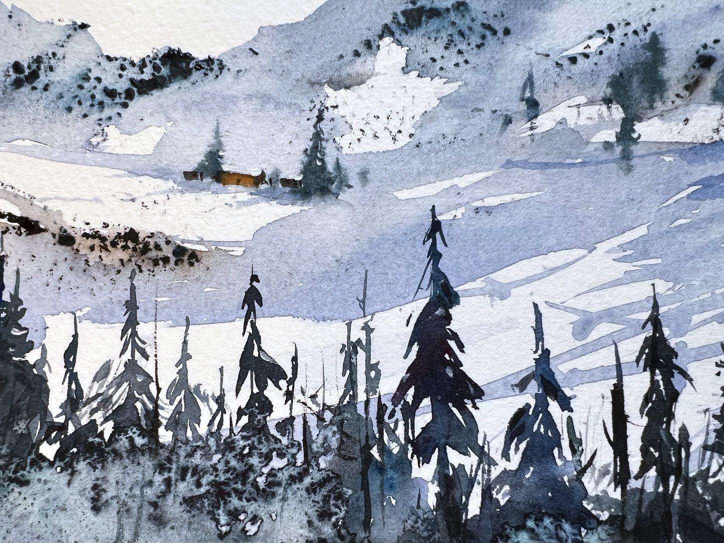 Mountainscape #28 - Abstract Watercolor Snowy Peaks and Forest