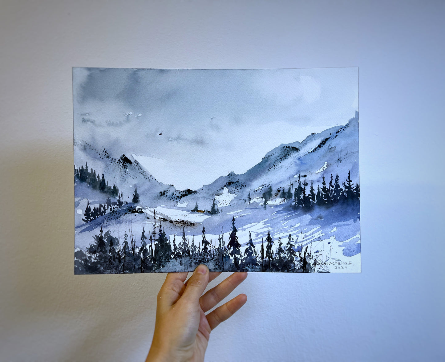 Mountainscape #28 - Abstract Watercolor Snowy Peaks and Forest