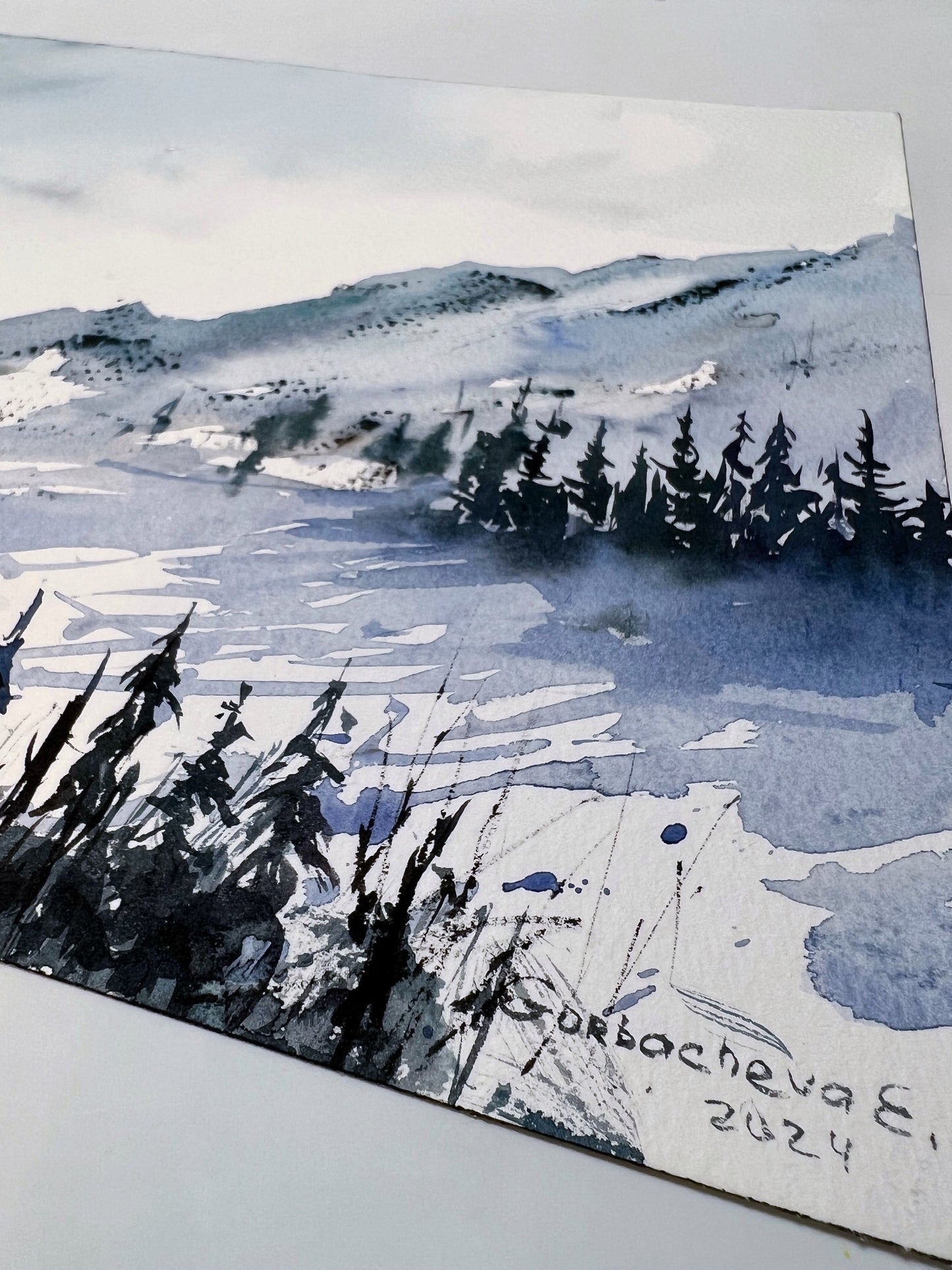 Mountainscape #28 - Abstract Watercolor Snowy Peaks and Forest