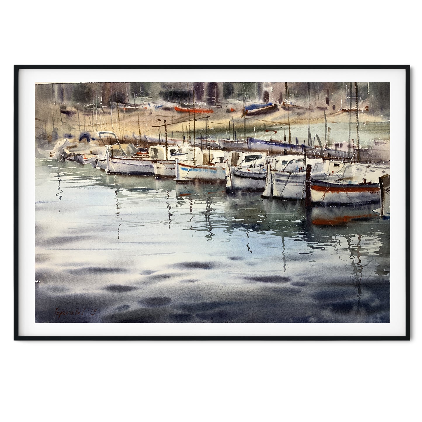 Original Painting Watercolor Artwork - Boats at the pier #2 - 22x15 in