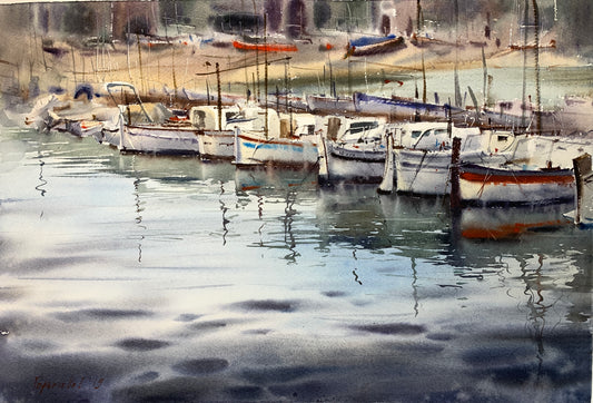 Original Painting Watercolor Artwork - Boats at the pier #2 - 22x15 in