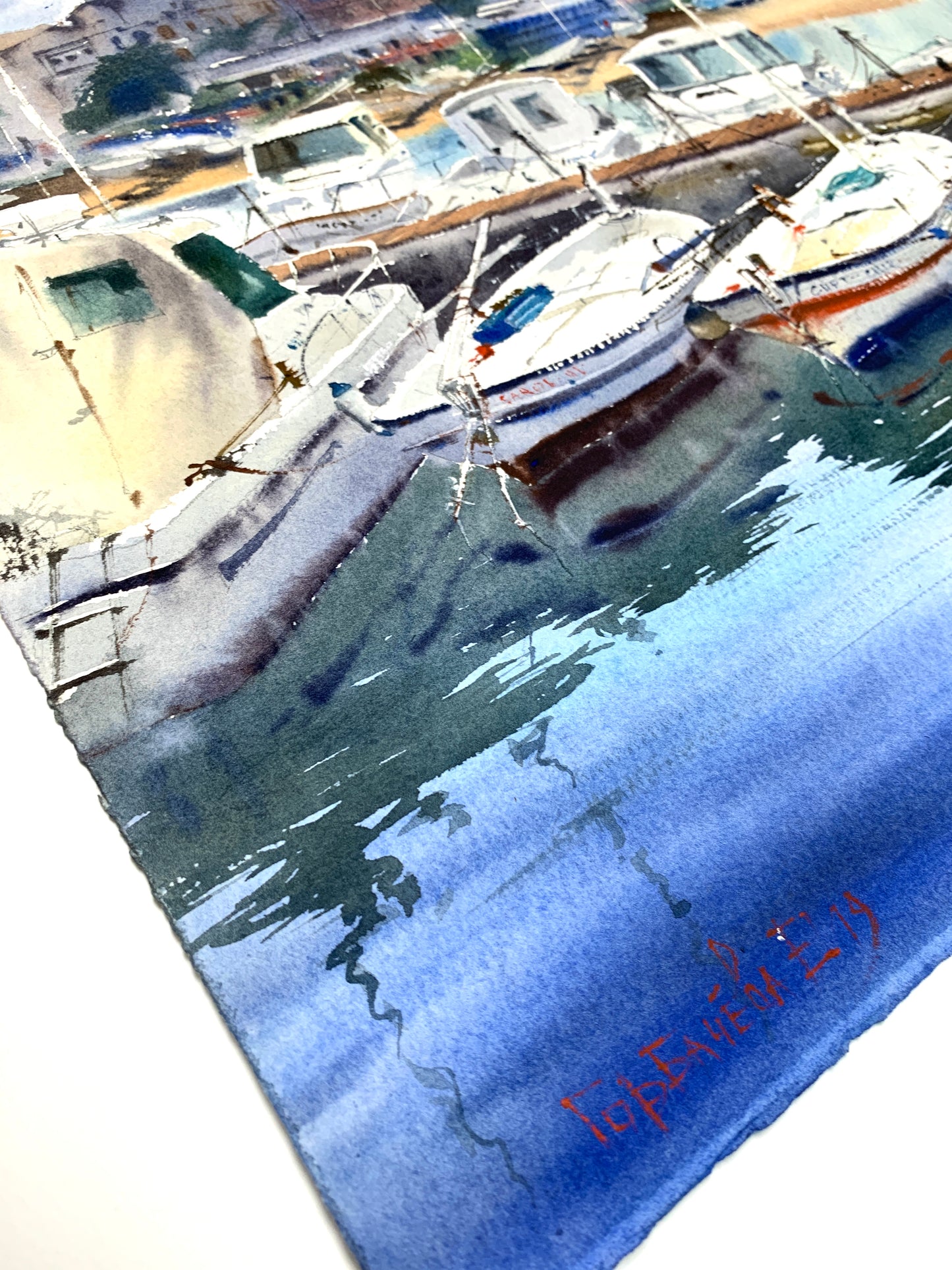 Original Painting Watercolor Artwork - Boats in Palamos, Spain #2 - 22x15 in