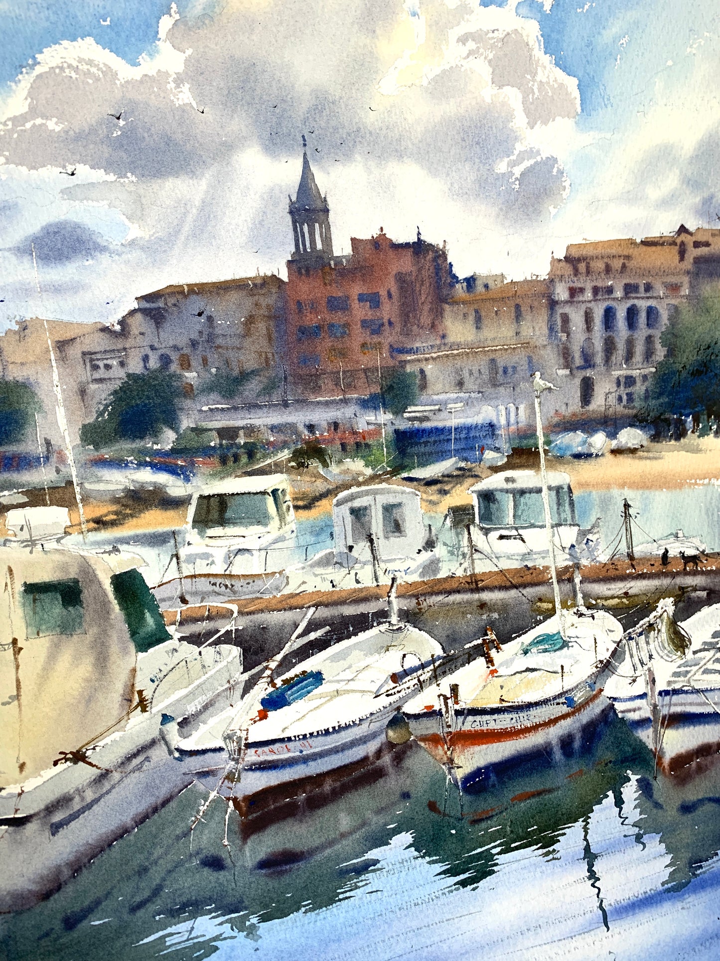 Original Painting Watercolor Artwork - Boats in Palamos, Spain #2 - 22x15 in