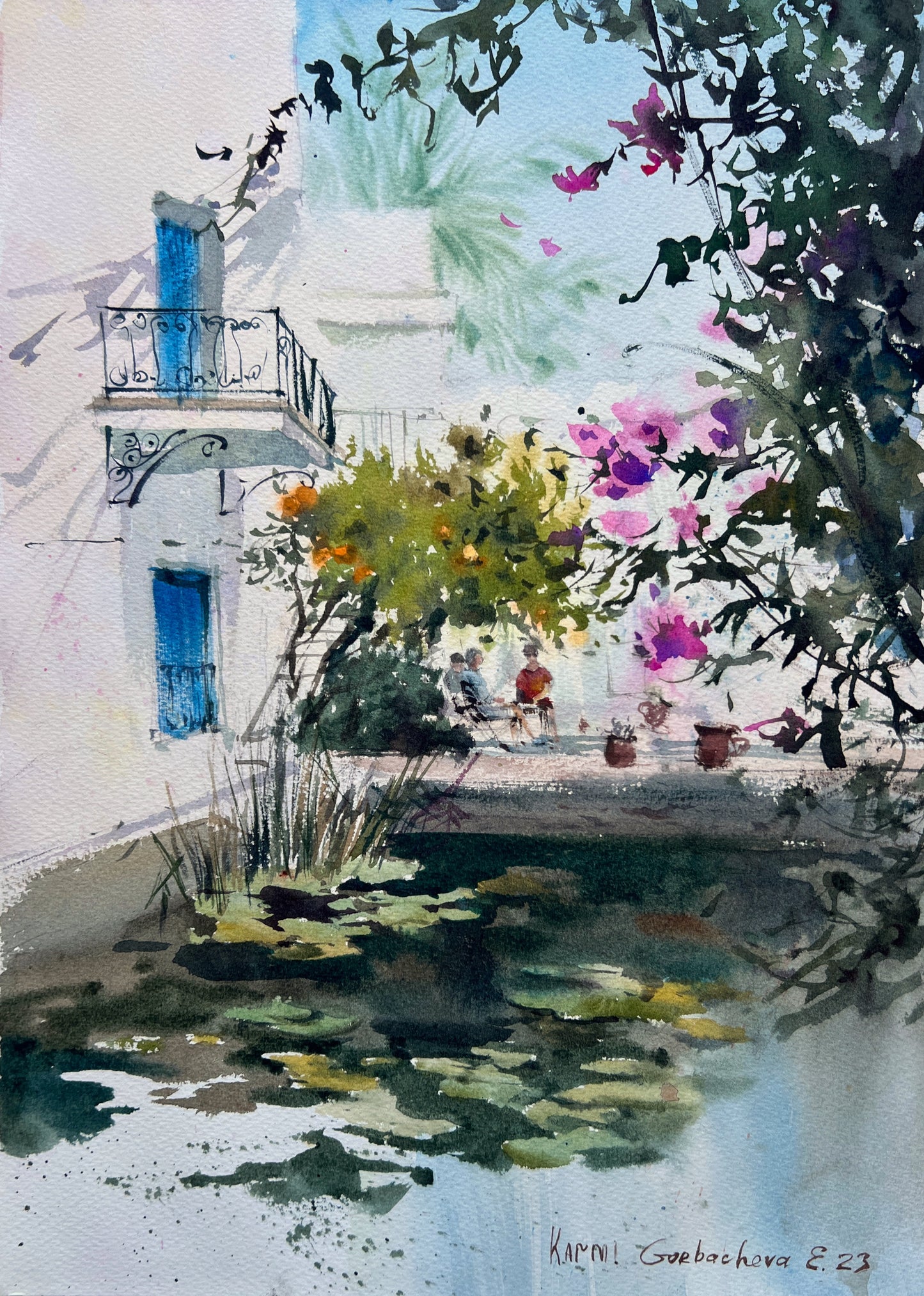 Greece Original Watercolor Painting, Greek Coastal City Artwork, Coast Village, Green Door Wall Art, Travel Gift