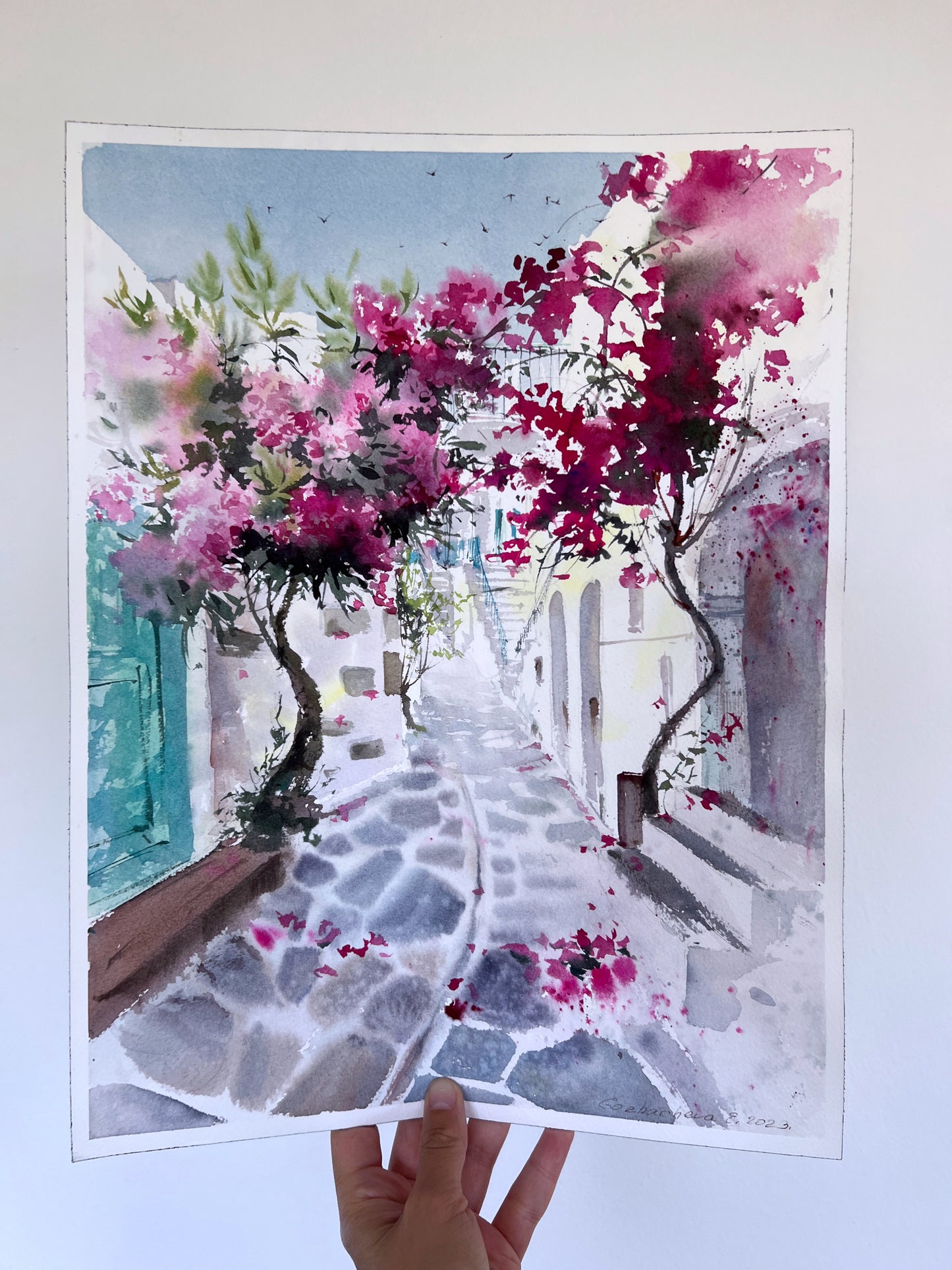 Greece Original Watercolor Painting, Greek Coastal City Artwork, Coast Village, Green Door Wall Art, Travel Gift