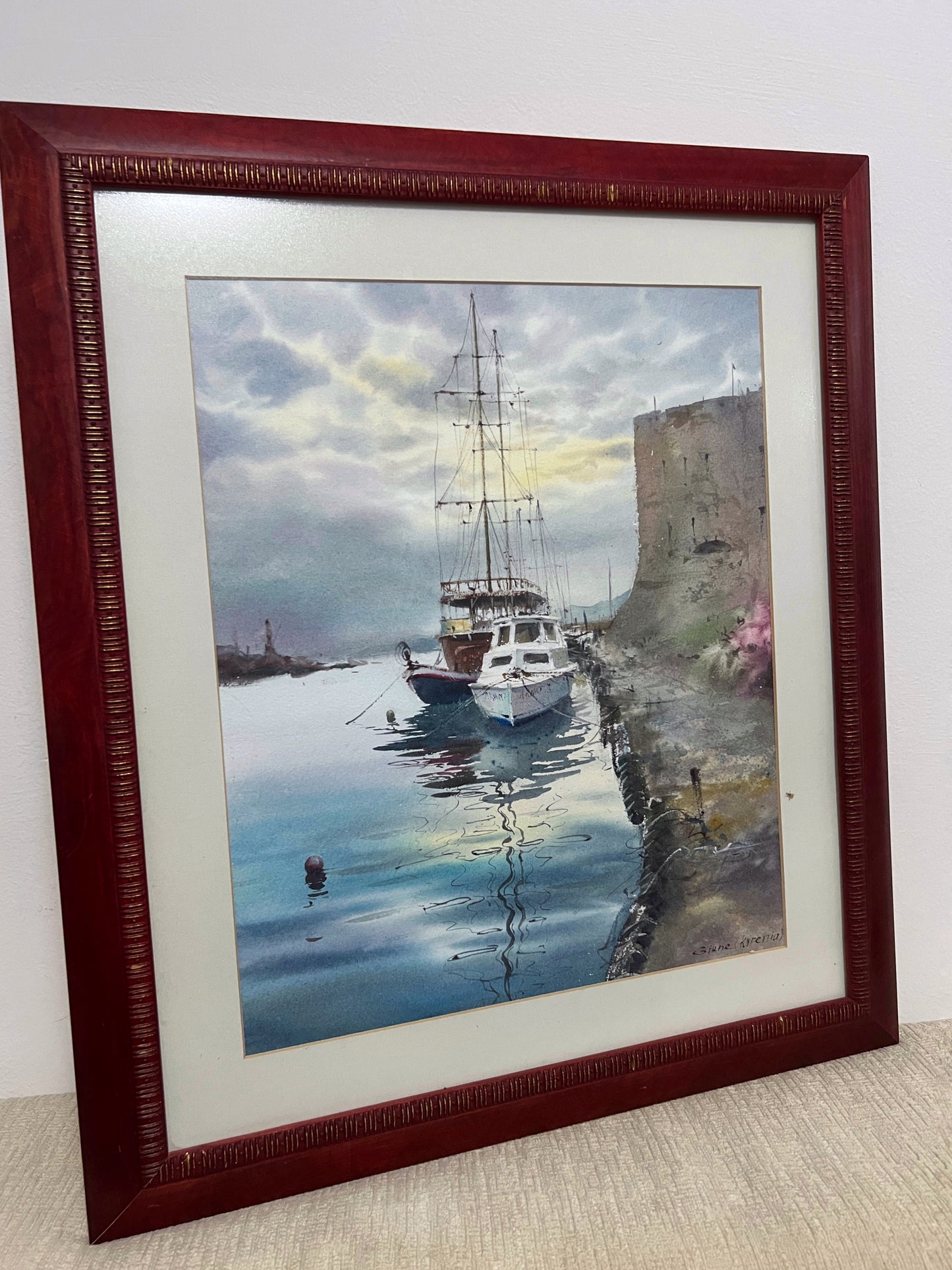 Original Old Port of Girne Watercolor - Mediterranean Harbor Art