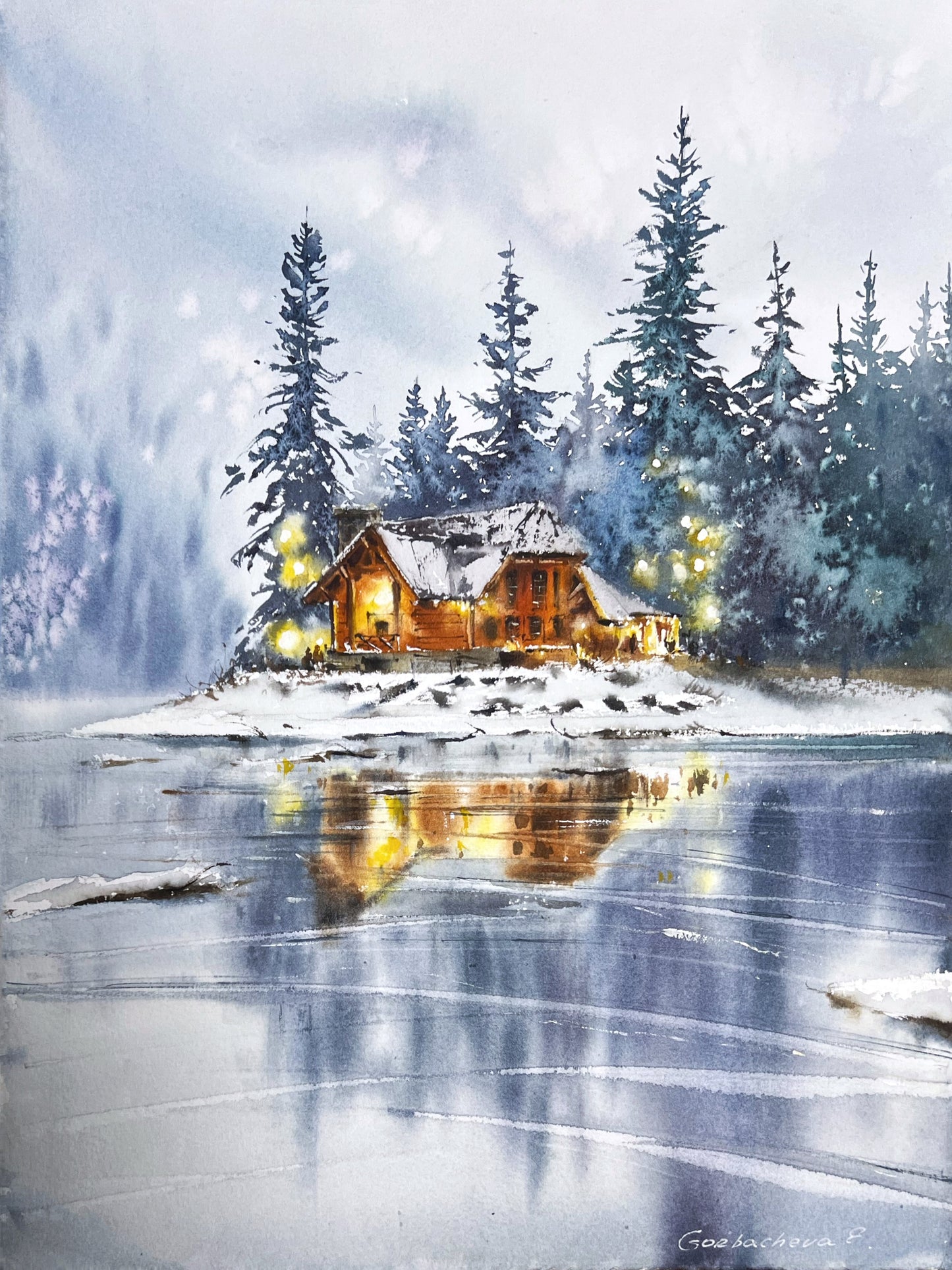 Frosty Forest Lake Watercolor Painting - Winter Wonderland Original Art