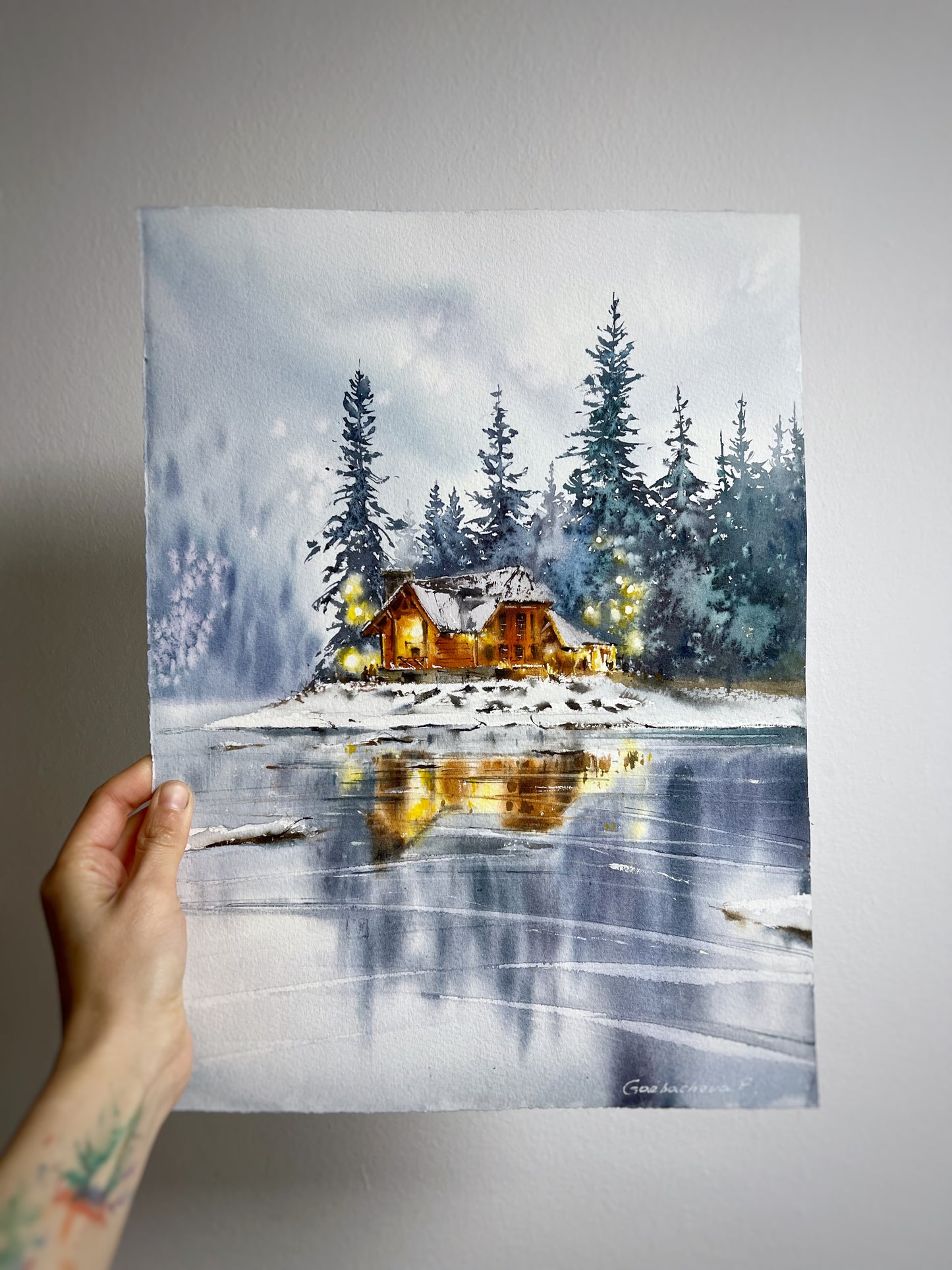 Frosty Forest Lake Watercolor Painting - Winter Wonderland Original Art