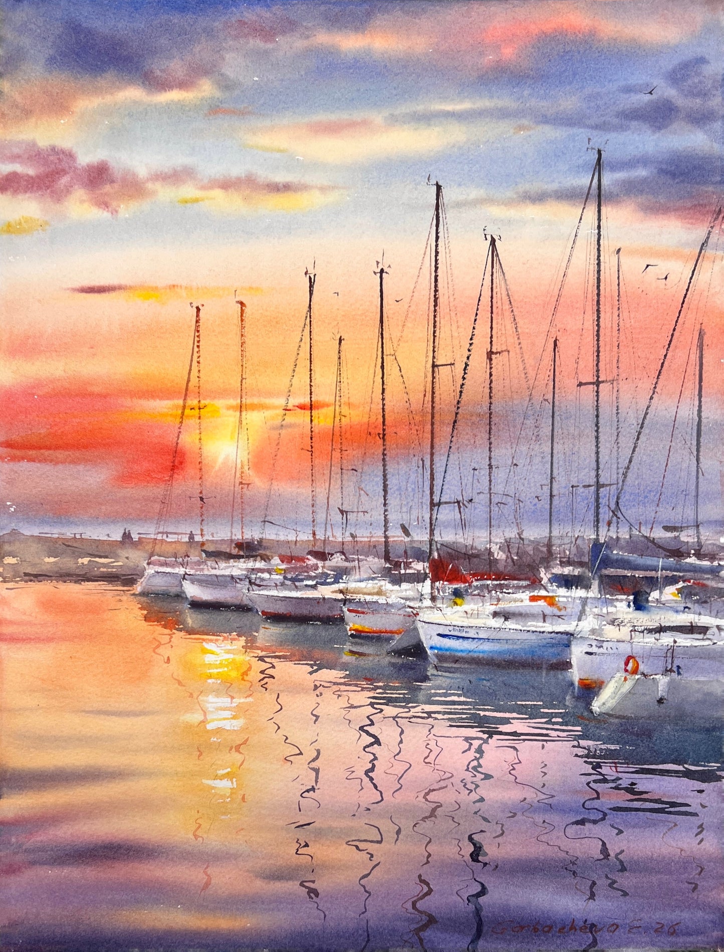 Spain Gandia Port Sunset Watercolor, Sailboats Marina Painting, Dream Haven. Spain 12x16