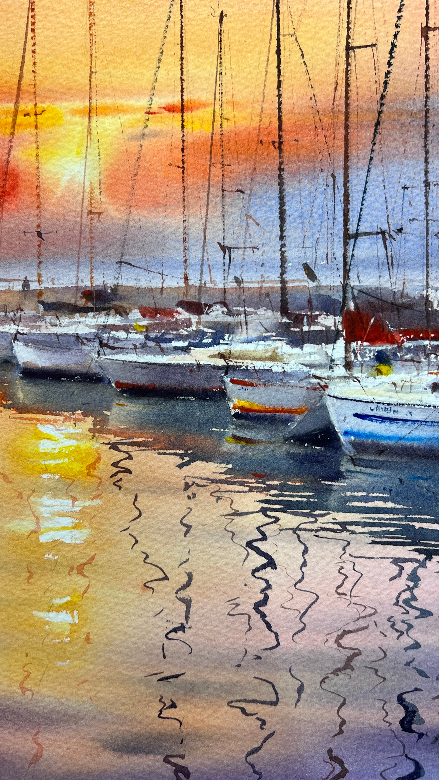 Spain Gandia Port Sunset Watercolor, Sailboats Marina Painting, Dream Haven. Spain 12x16