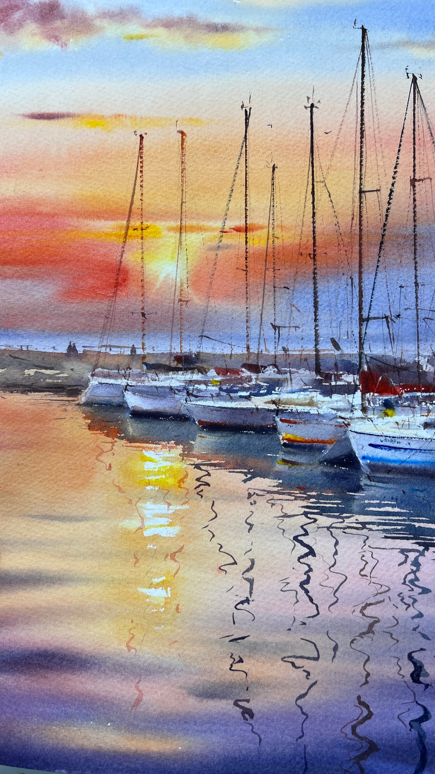 Spain Gandia Port Sunset Watercolor, Sailboats Marina Painting, Dream Haven. Spain 12x16