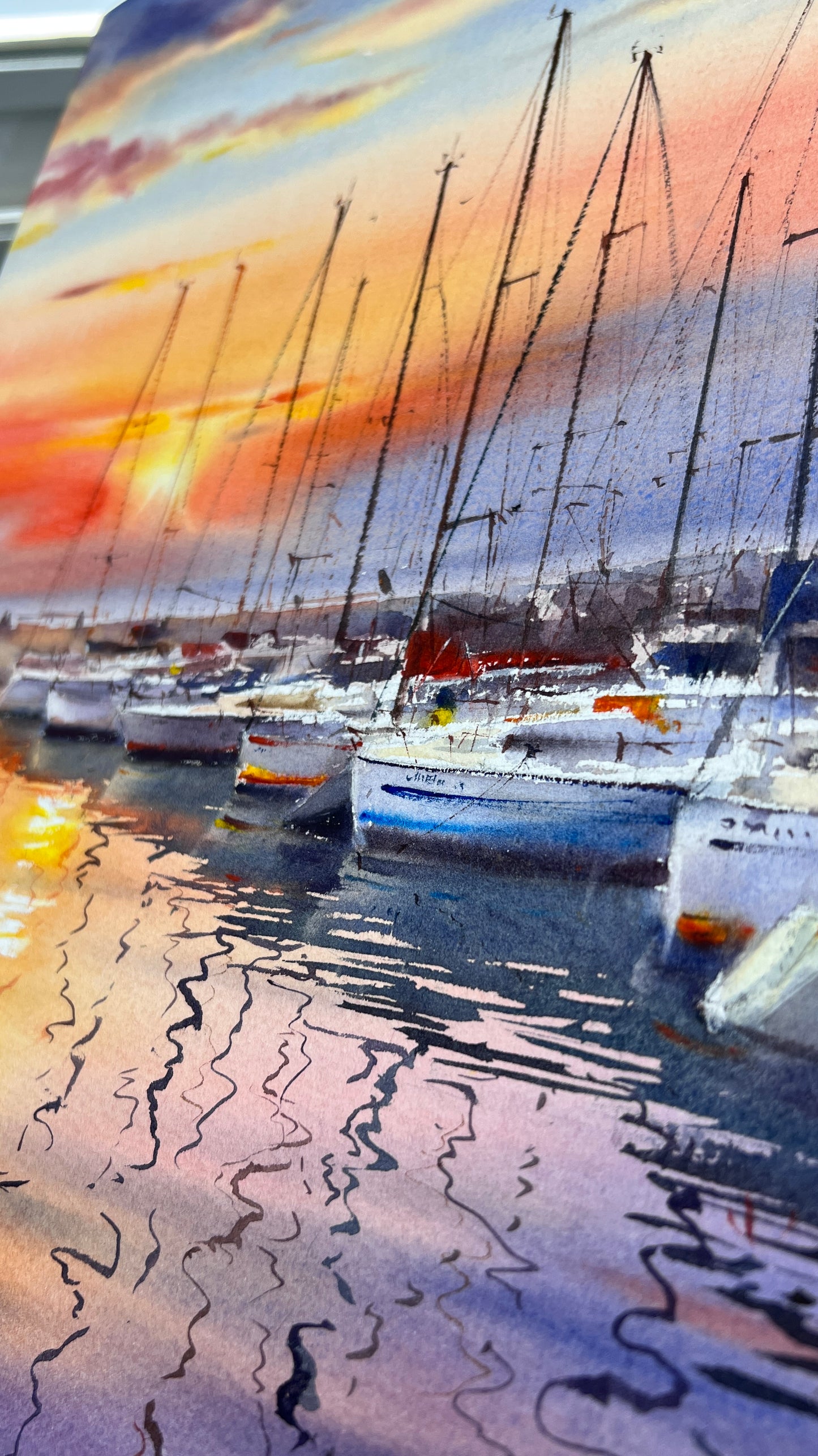 Spain Gandia Port Sunset Watercolor, Sailboats Marina Painting, Dream Haven. Spain 12x16