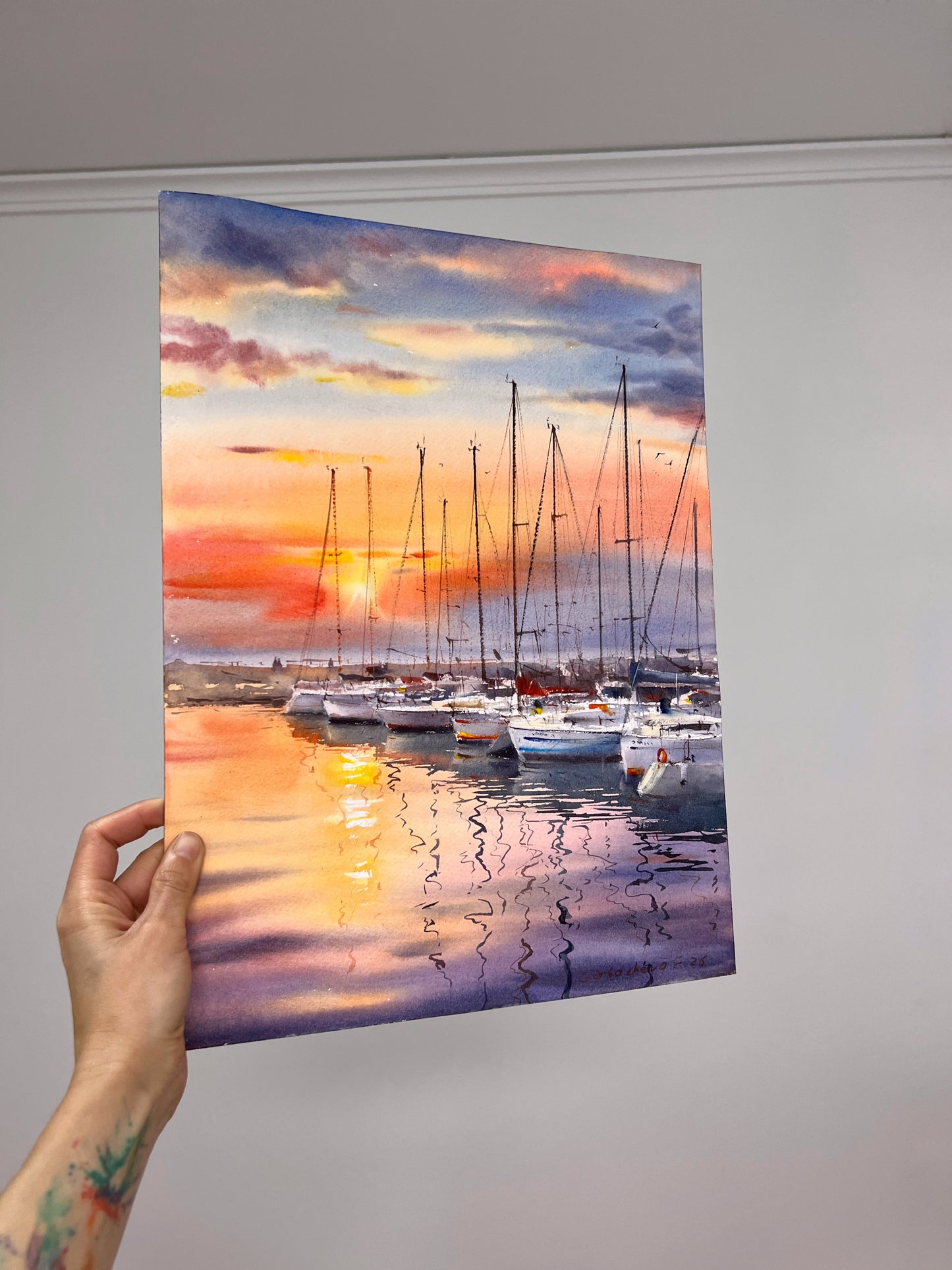 Spain Gandia Port Sunset Watercolor, Sailboats Marina Painting, Dream Haven. Spain 12x16