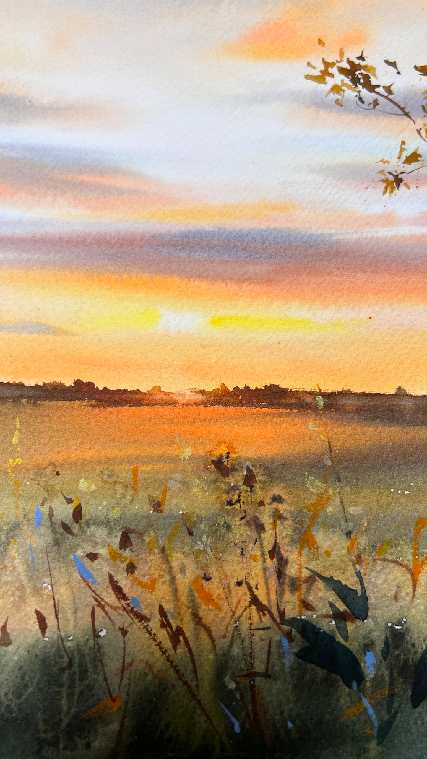 Original Sunset Watercolor Painting | Golden Hour Landscape Art |Golden Dusk 12x16 in