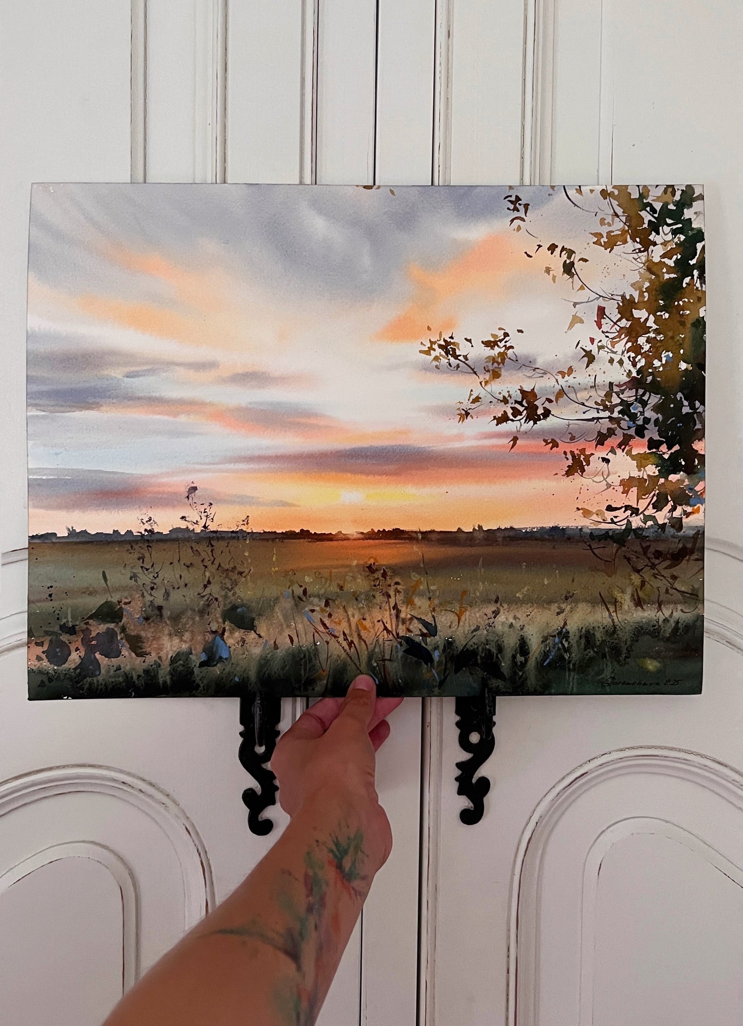 Original Sunset Watercolor Painting | Golden Hour Landscape Art |Golden Dusk 12x16 in