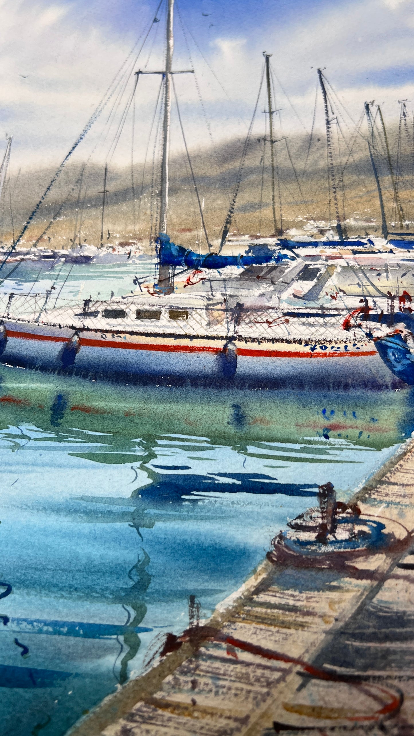 Original Watercolor Painting, Sailboat Marina Art, "Anchored in Silence" - 12 x 16 in