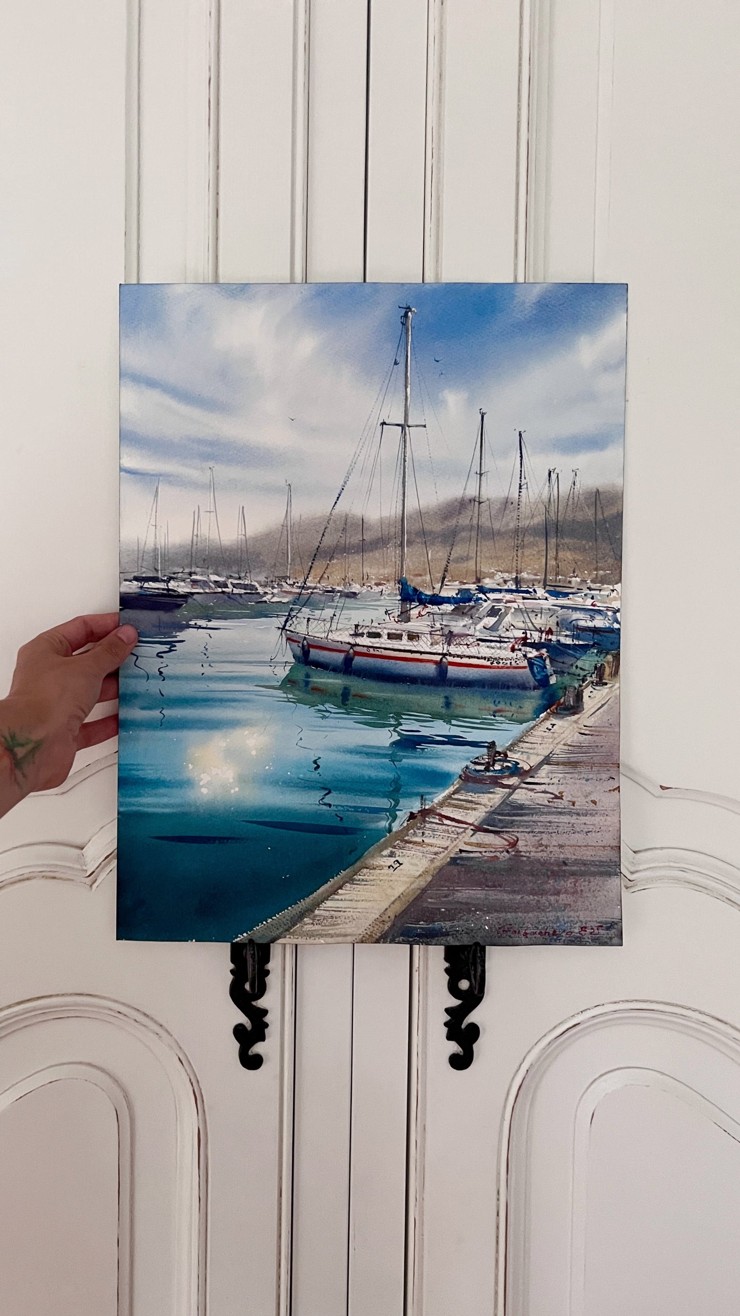 Original Watercolor Painting, Sailboat Marina Art, "Anchored in Silence" - 12 x 16 in