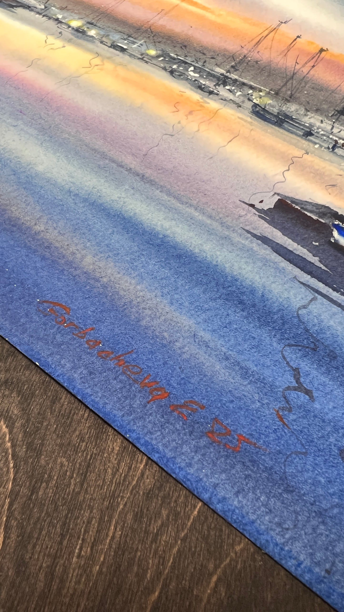 Original Valencia Marina Watercolor Painting | Spain Sunset Seascape Art |Evening harbor in Valencia 12x16 in