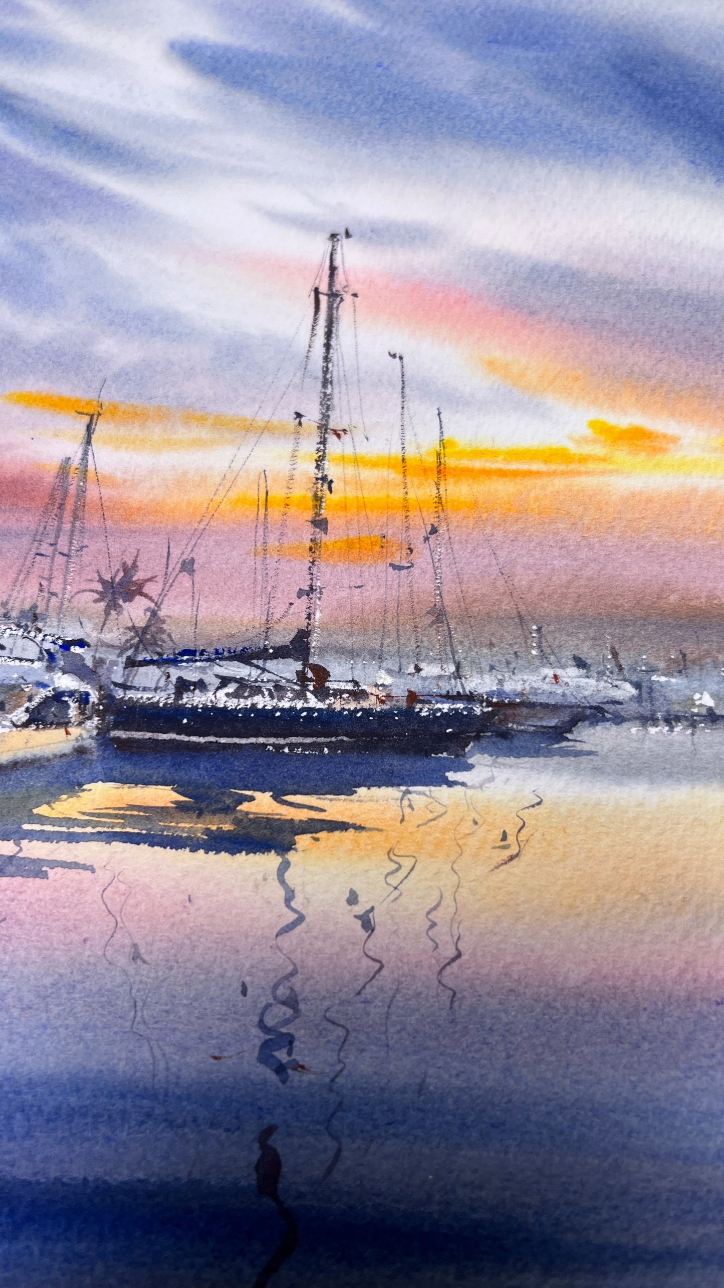 Original Valencia Marina Watercolor Painting | Spain Sunset Seascape Art |Evening harbor in Valencia 12x16 in