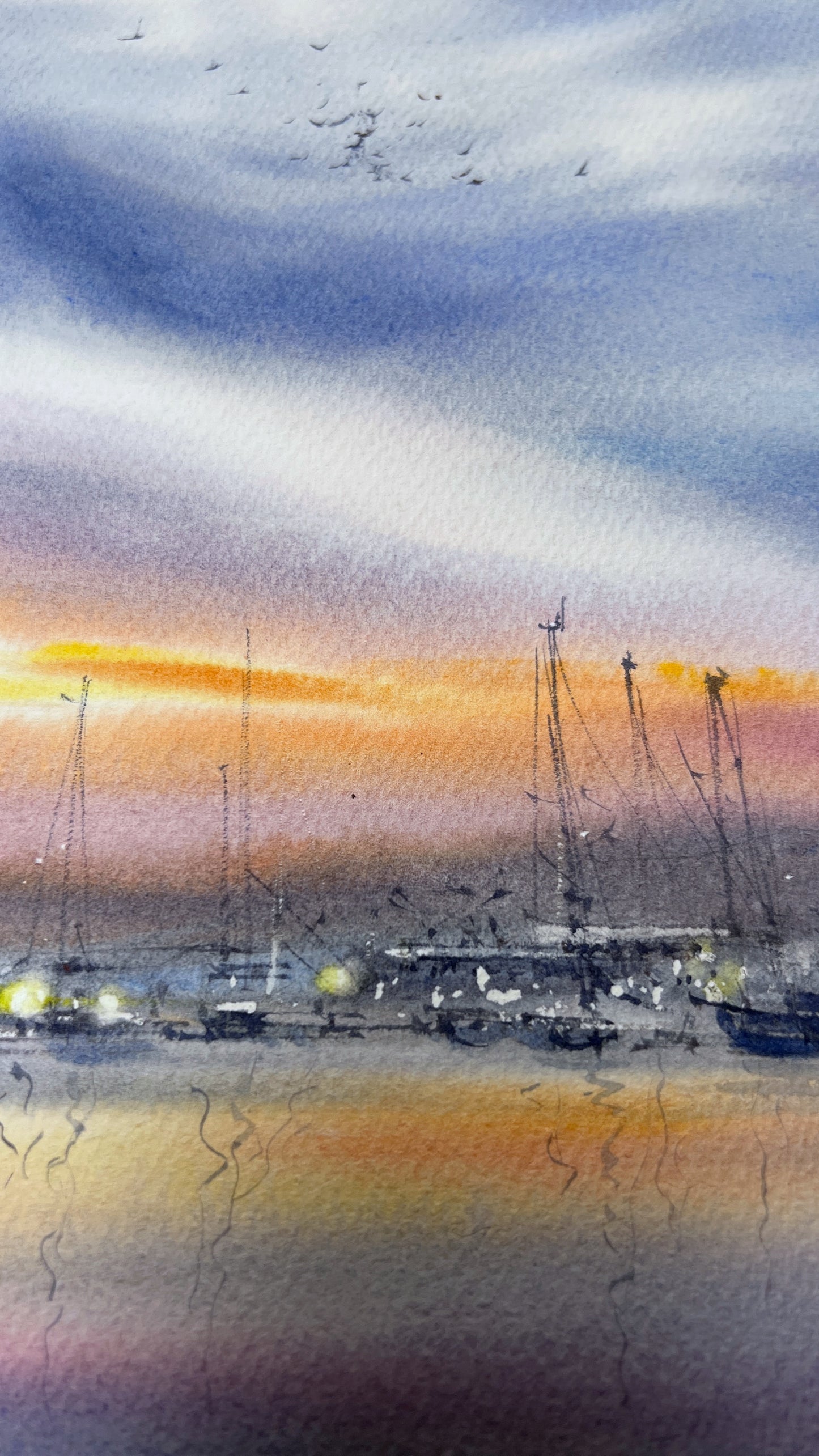 Original Valencia Marina Watercolor Painting | Spain Sunset Seascape Art |Evening harbor in Valencia 12x16 in